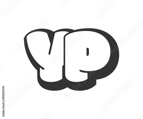 YP logo, bubble comic lettering, rounded in graffiti style black and white silhouette. Trendy preschool Y and P letter text for festival party, personal initials, children funky print and web.