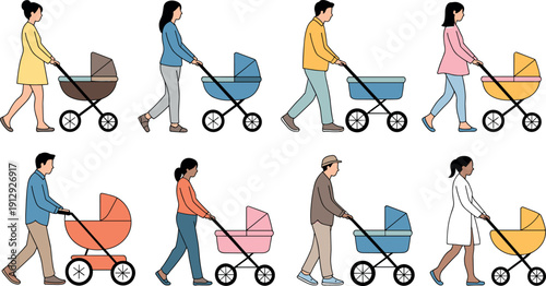 People Walking with Baby Strollers Collection Mothers and Fathers Pushing Prams Flat Vector