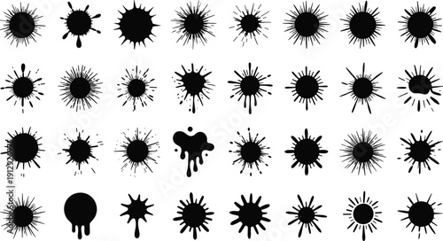 Black ink splatter collection, paint splash blot stain drip grunge spray burst silhouette vector isolated on white background