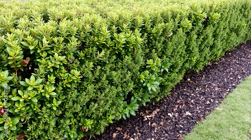 Bushes hedge with drop irrigation system and mulching