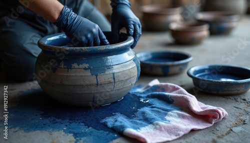 Hands in blue gloves dip fabric into indigo dye pot. Textile dyeing process with natural colors. Multiple bowls hold blue dye liquid. Craftsmanship and traditional art.
