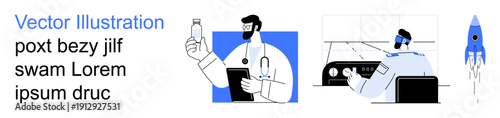 Science, healthcare, innovation, medical research, futuristic technology, exploration. Doctor holding a medicine bottle, laboratory scientist at workstation rocket imagery. Healthcare and innovation