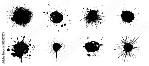 Black grungy paintbrush strokes collection with distressed splashes stains scratch. vector decorative banner template graphic background design set.