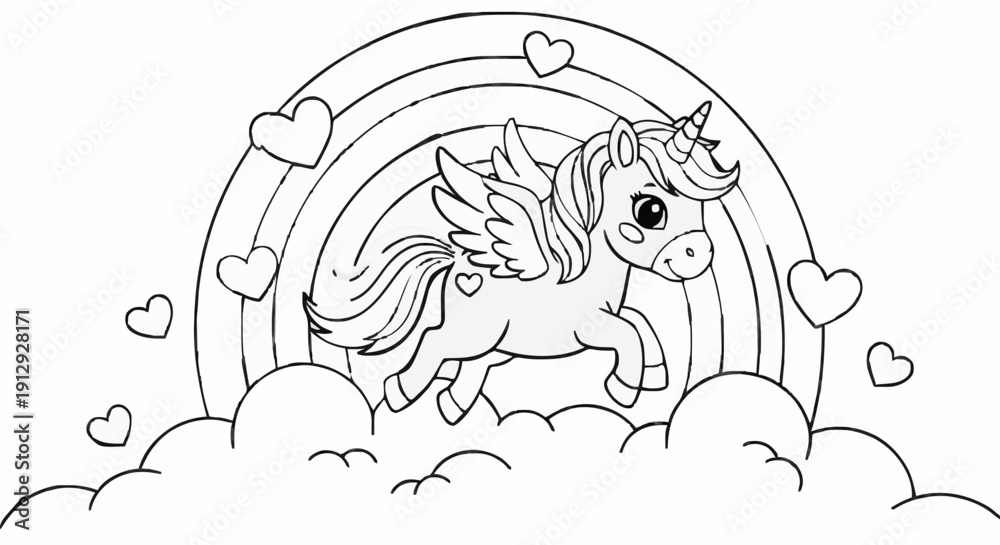 Fototapeta premium Happy Flying Baby Unicorn and Rainbow Vector Coloring Illustration. Dynamic black and white illustration of a happy baby unicorn flying through a magical sky.