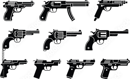 PrintCollection of flat black gun icons featuring pistols, revolvers, and handguns isolated on a white background for vector design
