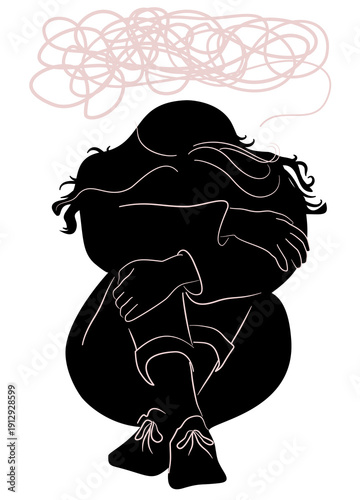 Silhouette of a sad woman sitting with arms around her knees and scribble above her head, expressing depression and emotional distress.