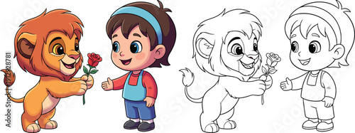 Cute Cartoon Lion Cub Giving Rose to a Girl Friendship and Love Illustration