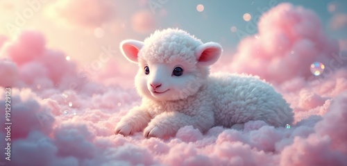 Fluffy white lamb rests on soft pink clouds. Cute baby sheep looks with big eyes in pastel dreamland. Adorable animal illustration for kids.
