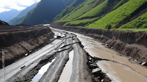 destroyed road with debris and mud from landslide