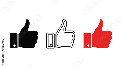 Three thumbs up icons in black white outline and red colors