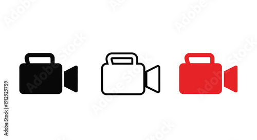 Three stylized video camera icons in black white and red