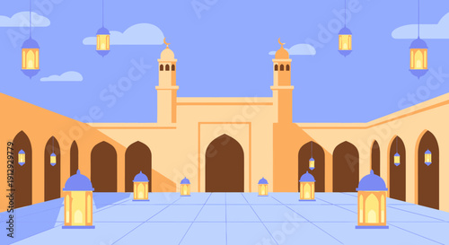 A serene and peaceful mosque interior courtyard.