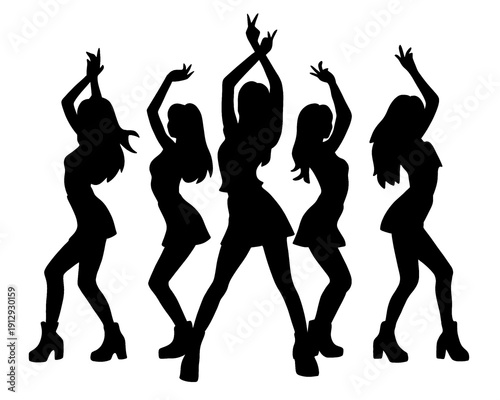 Silhouette of a beautiful female idol group dancing, synchronous movements, vector illustration
