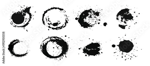 Black grungy paintbrush strokes collection with distressed splashes stains scratch. vector decorative banner template graphic background design set.