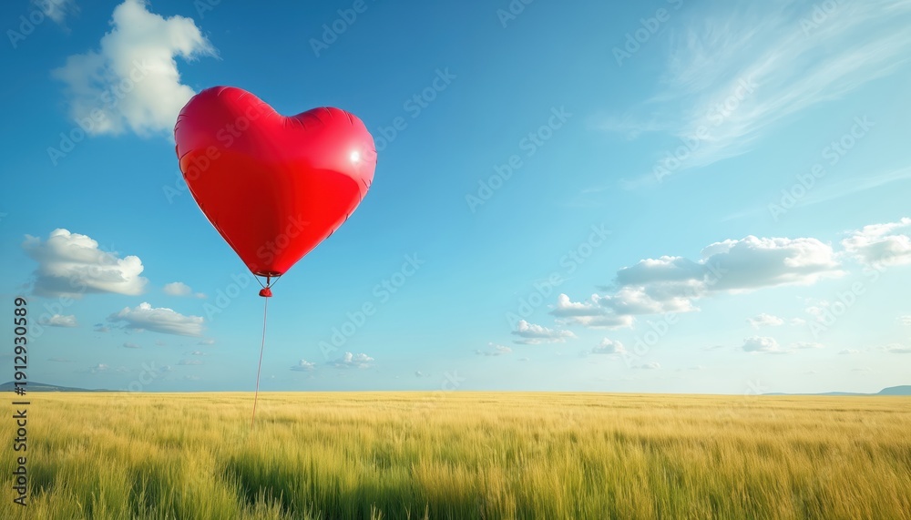 Fototapeta premium Red heart balloon floats in blue sky above golden field. Peaceful countryside landscape. Symbol of love freedom and joy. Sunny day nature scene.
