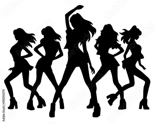 Black silhouette of beautiful female idol group dancing, synchronous movement, vector illustration
