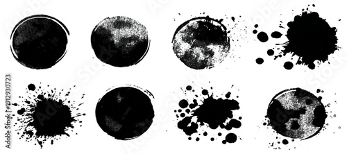 Black grungy paintbrush strokes collection with distressed splashes stains scratch. vector decorative banner template graphic background design set.