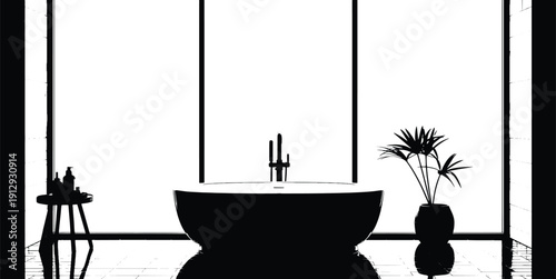 Black and white bathroom interior with freestanding tub and potted plant bathtub