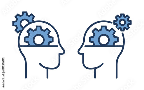 Human head gear blue outline two set icon set vector illustration style art, creative symbols representing thinking, innovation, engineering concepts, artificial intelligence, problem solving, and mod