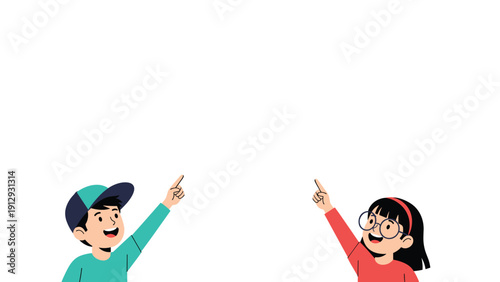 Two young children with excited expressions point upwards together at something interesting against a plain white background.
