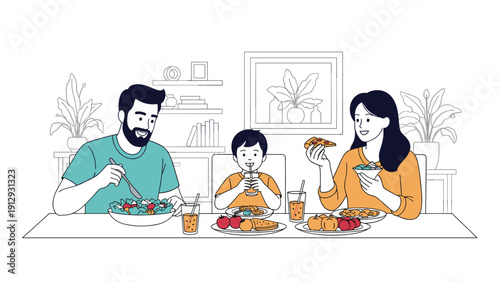 Happy family of three gathers around a dining table to share a healthy meal consisting of fresh salad and various vegetables.