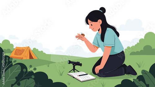 Young girl kneels in a grassy field to observe a small ladybug on her hand using a magnifying glass while camping in nature.