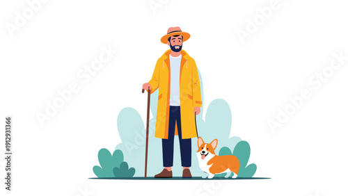 Smiling man wearing a yellow raincoat and hat walking his corgi dog with a wooden cane against a backdrop of stylized green bushes.