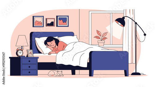Young woman sleeps peacefully in her comfortable bed while her small cat rests quietly on the floor next to the nightstand.