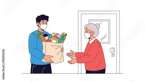 Young man wearing a face mask delivering a paper bag full of fresh groceries to an elderly woman at her doorstep during a global pandemic.