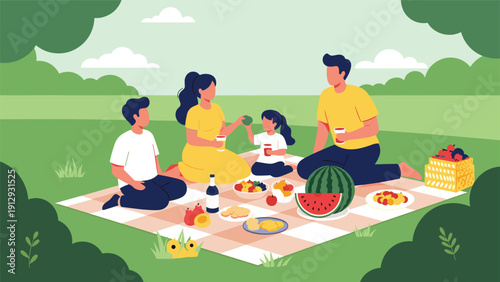 Joyful family of four sitting on a checkered blanket enjoying a diverse picnic spread of fruit and drinks in a green public park.