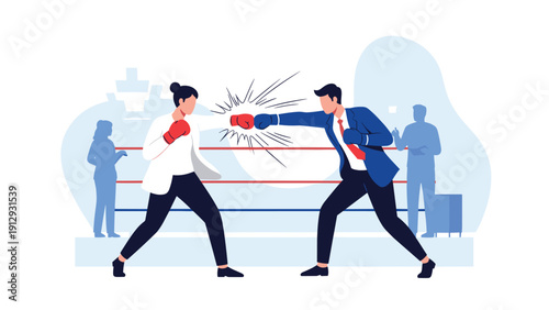 Dynamic scene of a man and a woman in business suits boxing in a ring symbolizing corporate competition and professional conflict.