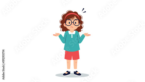 Little girl with curly hair and glasses expressing confusion or doubt while shrugging her shoulders against a plain white background.