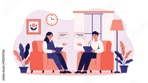 Two professional individuals sitting in comfortable armchairs while having a serious conversation or consultation in an office.