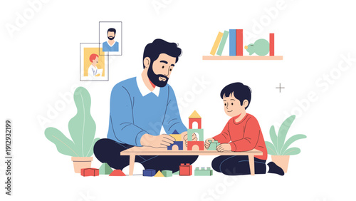 Father and son playing together with colorful building blocks on a low table in a well-lit living room filled with plants.