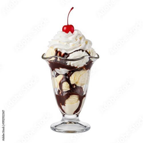 Classic hot fudge sundae with cherry on top isolated on transparent background