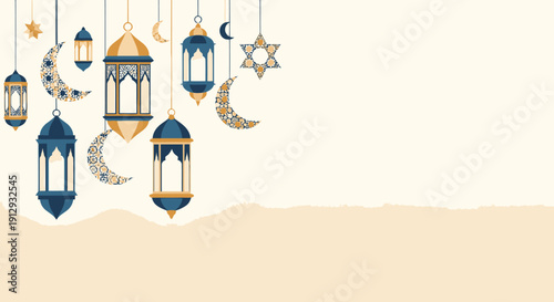 Islamic lanterns and crescent moons hanging.