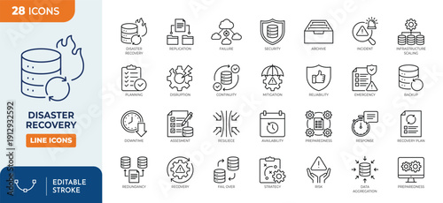 Disaster recovery icon set. Contain icons related to Data Safety, Computer Virus, Data center, House On Fire, and more. Editable stroke. Vector Illustration