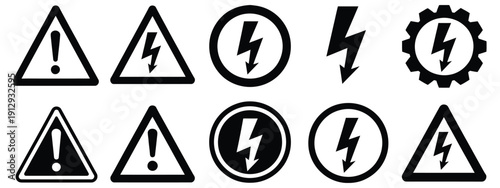 High voltage warning sign icons set vector illustration design, safety symbols representing electrical danger, hazard prevention, industrial caution labels, risk awareness, workplace protection, and