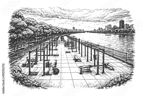Peaceful Hand Drawn Vector Illustration of an Outdoor Public Gym Along a River Bank with a City Skyline Background