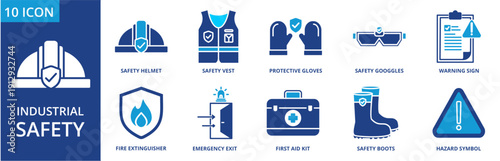 Industry Safety icon set collection. Icon pack contain Safety helmet, Safety vest, Protective gloves, Safety goggles, Warning sign, Fire extinguisher, Emergency exit, First aid kit. dual tone vector.