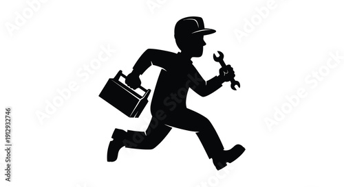 Running repairman with toolbox and wrench a striking black silhouette