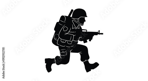 Soldier running with rifle and gear a stark black silhouette