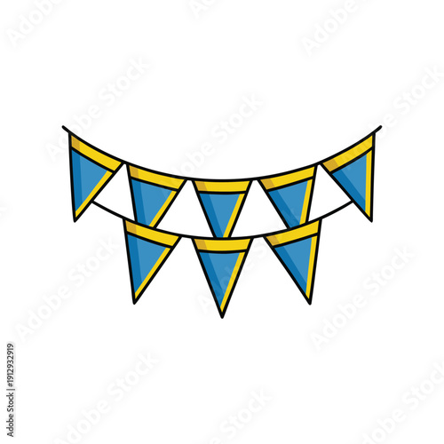 Vector illustration of a festive string of blue and yellow triangular pennant flags, isolated on a transparent background, perfect for celebration banners.