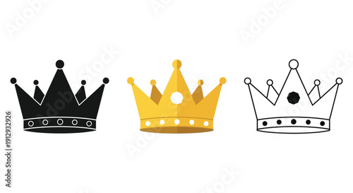 Three ornate crowns in varying colors and styles featuring a dark silhouette