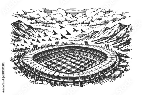 Moody Hand Drawn Vector Illustration of a Large Group of Birds Flying Over an Empty Sports Stadium Near Mountain Ranges