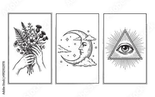 mystical botanical hands, a crescent moon face, and the all-seeing eye. Hand-drawn engraving style.