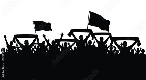 Silhouette of cheering football fans crowd with flags and scarves at stadium