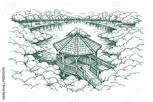 Peaceful Hand Drawn Vector Illustration of a Wooden Gazebo in a Park Surrounded by a Sea of Clouds and Distant City