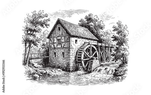 rural landscape featuring an old stone water mill by a flowing stream with a stone bridge. Hand-drawn engraving style.