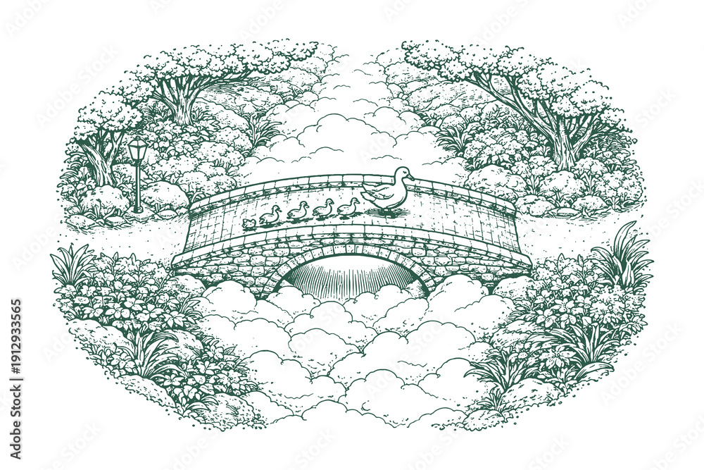 Naklejka premium Detailed Hand Drawn Vector Illustration of a Duck Family Walking Across a Classic Stone Bridge Over a Cloudy Stream